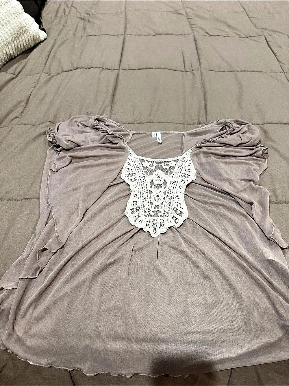 Sweet Pea by Stacy Frati Lace Bib Ruffle Sleeve Tunic in Brown XL